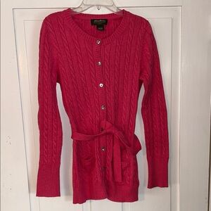 EDDIE BAUER Women’s Cable Knit Long Cardigan Sweater Pink Small Tie Waist Preppy